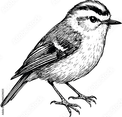 Hand-drawn sketch of Yellow-headed Kingfisher (Regulus regulus), monochrome black ink, vector, isolated on white background