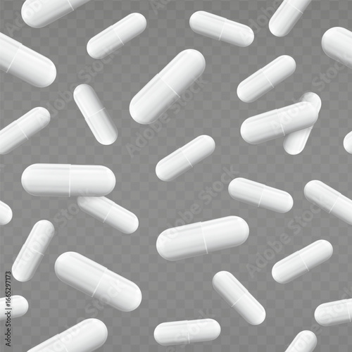 Falling pills seamless pattern. Drugs, antibiotics or aspirin banner. White antibiotic or vitamin capsule. Pharmacy background with tablets. Vector EPS 10