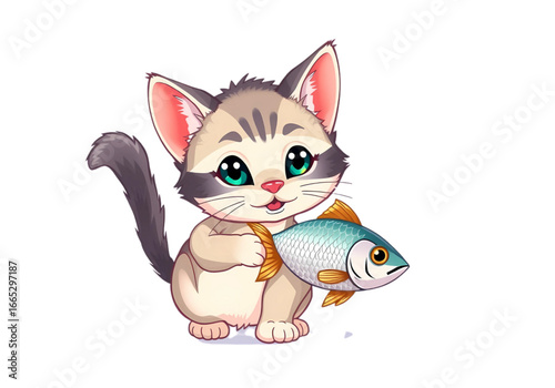 A Magical and Cute Vector Illustration Showing a Little Kitten's Compassion as It Holds a Fish, Perfect for Inspiring and Joyful Creations.