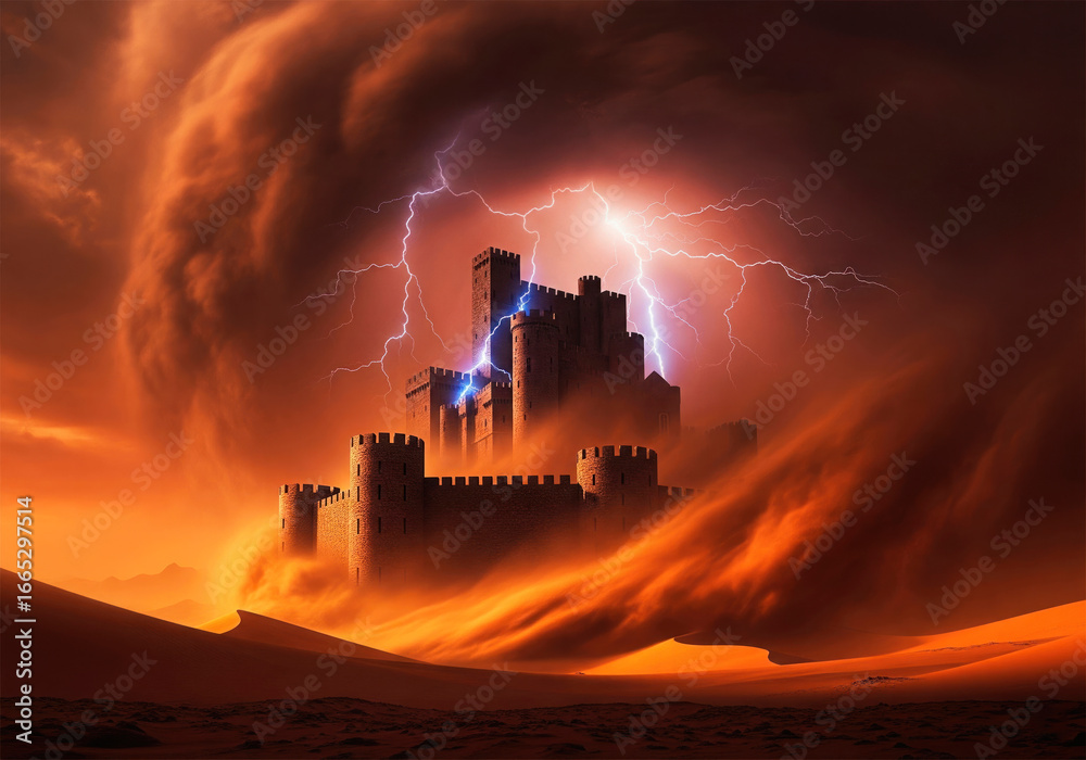 Fototapeta premium A castle in the desert amidst a sandstorm and lightning.