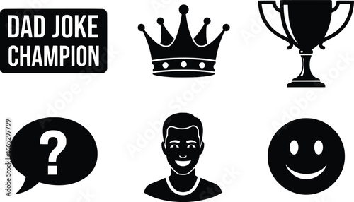 Collection of simple black silhouettes featuring a dad joke champion sign a regal crown a trophy a question mark speech bubble a smiling man and a smiley face icon
