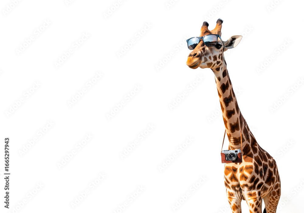 Obraz premium Giraffe in glasses with a camera. Space for text.