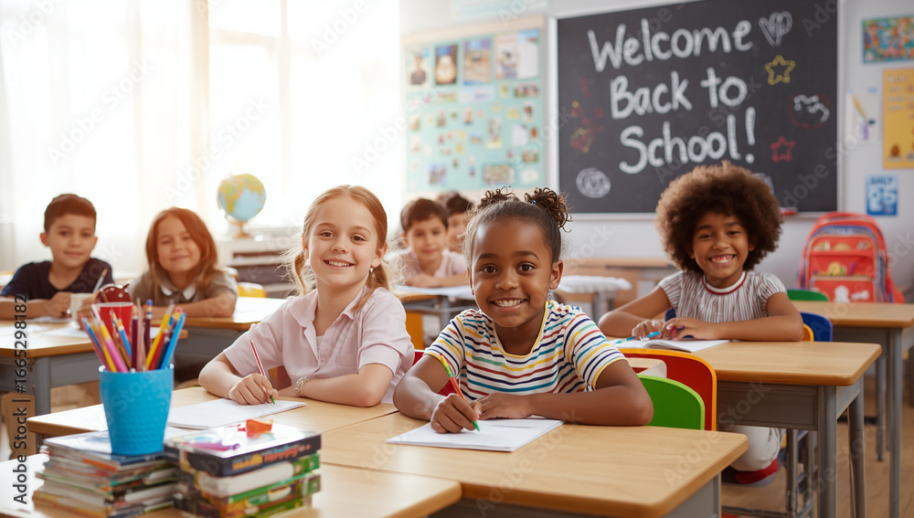 Obraz premium A bright back-to-school classroom with diverse, happy students learning at colorful desks, a welcoming chalkboard, and cheerful decor. A vibrant, inclusive scene full of energy and warmth.