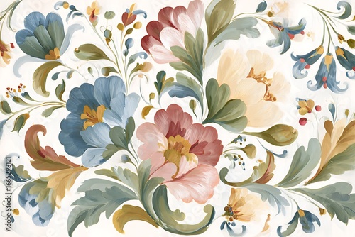 Muted, earthy-toned rosemaling flowers, an elegant and traditional Norwegian folk art design perfect for decorative and craft projects.