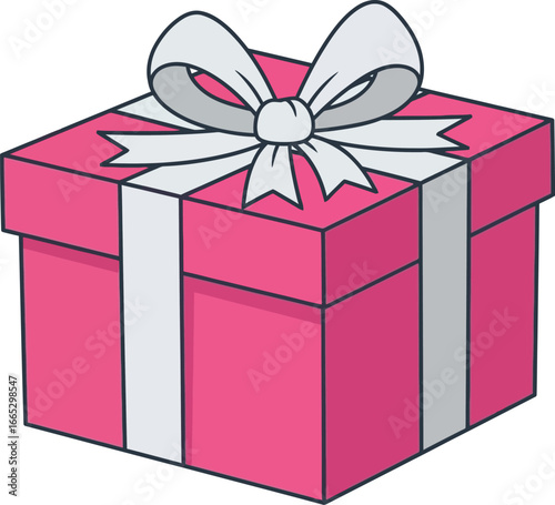 Bright pink gift box with white ribbon and bow, ready for celebration or surprise