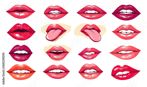 Set of colorful glossy female lips with open mouths, smiling expressions, tongues out, kissing gestures, and various playful emotions isolated on white background vector illustration