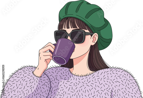 Stylish young woman enjoying a hot beverage in a cozy sweater and beret.
