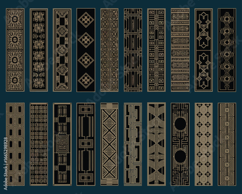 Extensive Collection of Book Spine Design Templates – Retro Vintage Frames and Art Deco Brochure Styles Featuring Elegant Geometric Patterns for Publishing, Branding, or Decorative Projects.