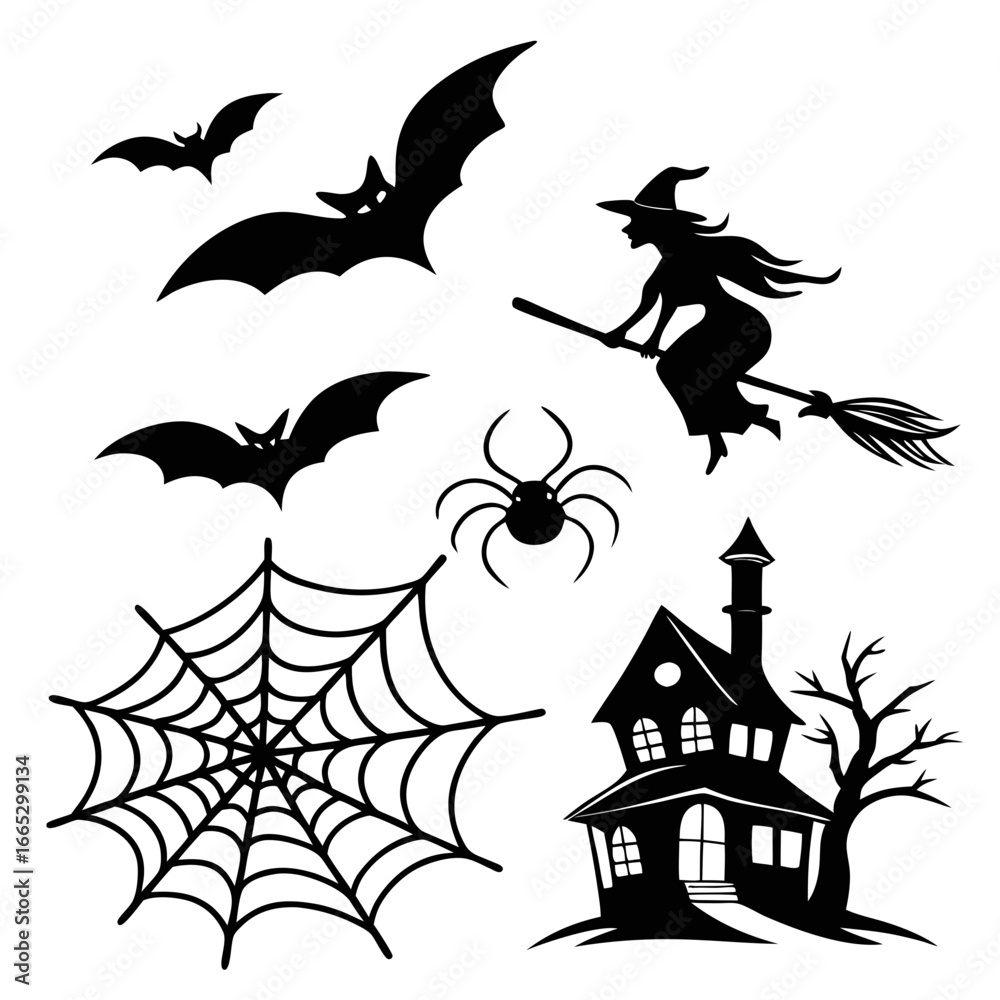 Fototapeta premium Halloween silhouettes featuring a witch flying on a broomstick bats spider web haunted house and spider