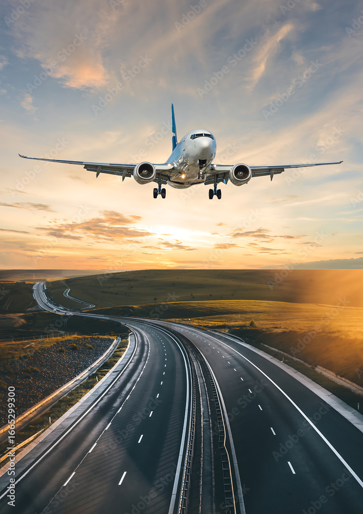 Fototapeta premium Airplane landing at sunset .