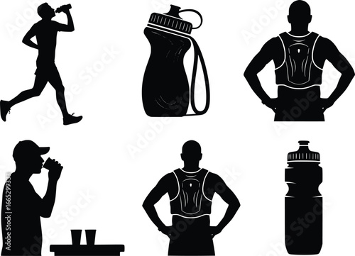 Set of six silhouette graphics depicting runners drinking from water bottles and wearing hydration vests for active lifestyle and sports
