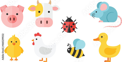 Collection of cute, flat design farm and garden animals