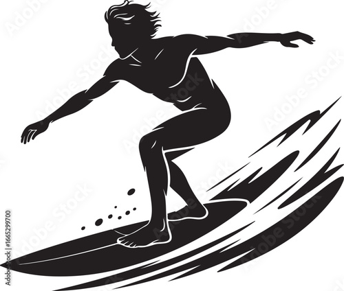 Silhouette of a surfer riding a wave with dynamic water splashes