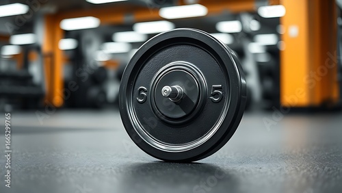 A solitary weight plate on rubber flooring with metallic reflections in soft gym lighting.