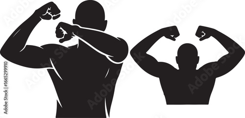 Silhouettes of two muscular men flexing their biceps in a black and white illustration