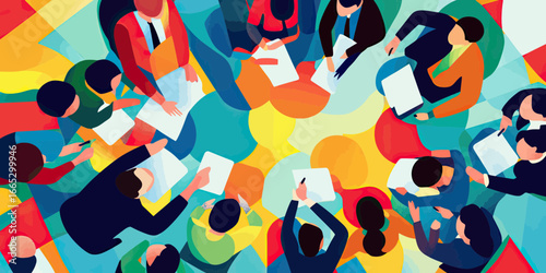 Top view diverse business team meeting teamwork collaboration strategy discussion brainstorming flat illustration concept with colorful abstract background