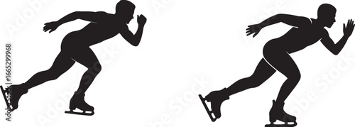 Two Silhouettes of Speed Skaters in Motion on a White Background
