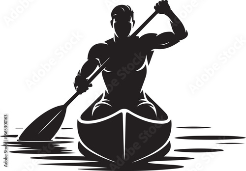 Silhouette of a muscular man rowing a canoe on water