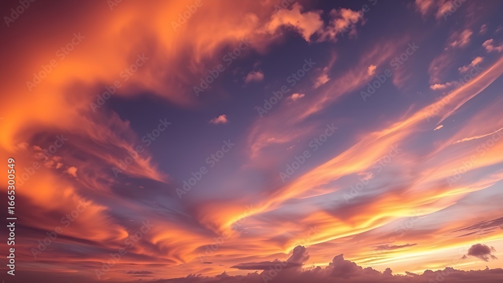 Fototapeta premium Dramatic sunrise with gradient orange and purple clouds, creating a panoramic abstract sky view.