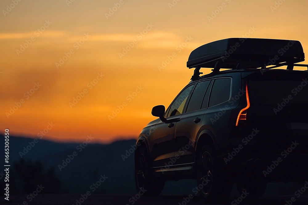 Fototapeta premium Silhouette of a car with roof box during a vibrant sunset, road trip vibes