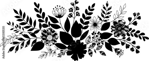 Set of detailed various flowers and foliage, intricate details and delicate forms. Hand drawn vector illustration with elegant botanical elements for invitation, save the date card