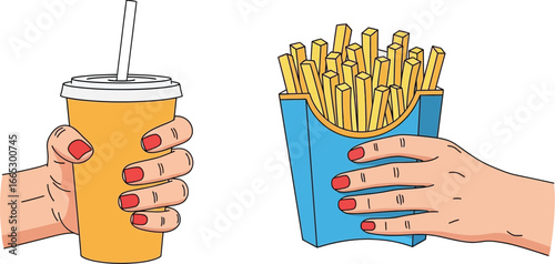 Hands holding a refreshing drink and a box of crispy french fries