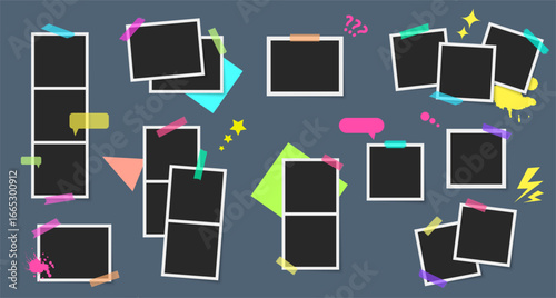 Photo frames vector set. Colorful scotch tape strips. Photos with scotch strips. Frames collection.