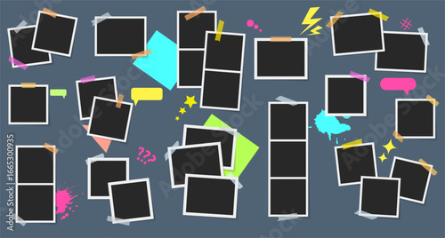 Photo frames vector set. Colorful scotch tape strips. Photos with scotch strips. Frames collection.