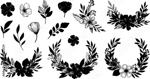 Set of detailed various flowers and foliage, intricate details and delicate forms. Hand drawn vector illustration with elegant botanical elements for invitation, save the date card