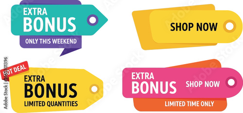 Eye-catching sale tags and labels offering extra bonuses and shop now calls to action.
