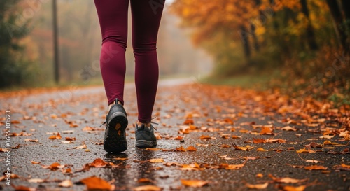 Female fitness walking on autumn leaves covered road outdoor in nature sport shoes leggings for exercise and wellness