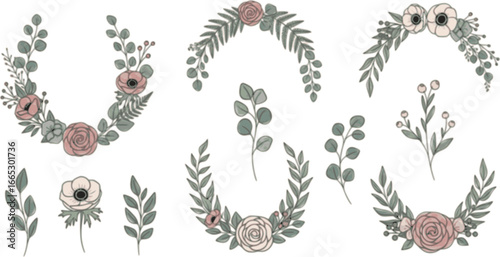 Set of detailed various flowers and foliage, intricate details and delicate forms. Hand drawn vector illustration with elegant botanical elements for invitation, save the date card