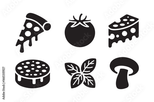 Pizza ingredients icons featuring slices tomato basil and mushroom