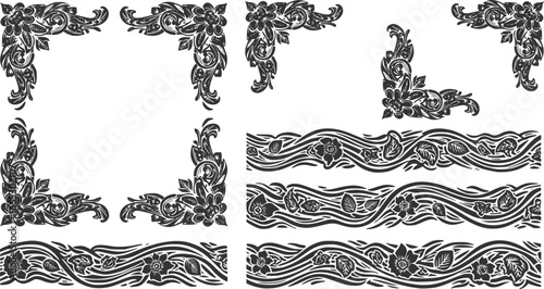 Set of retro floral design elements in silhouette or linocut style . Botanic frame, corner and borders in wavy and vintage style. Boho for print packaging or wedding greeting card