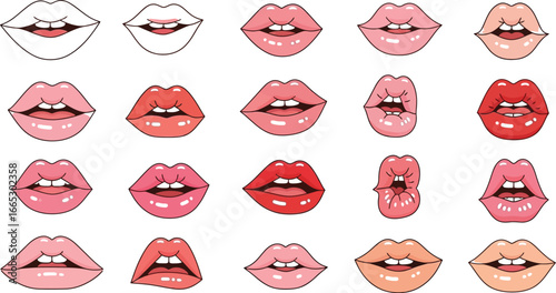 Collection of diverse, glossy lips in various shades of pink and red, expressing different emotions.