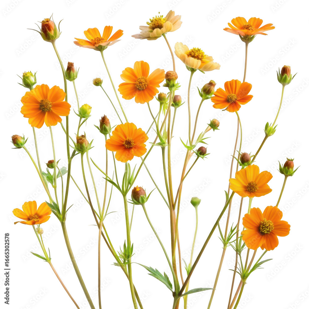 Fototapeta premium 3d orange cosmos flowers with delicate stems isolated on transparent background