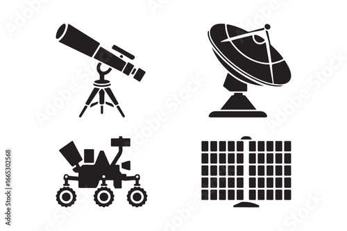Space exploration icons telescope satellite dish rover and solar panel
