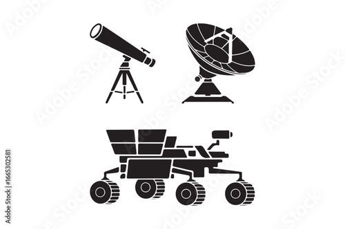 Space exploration icons telescope satellite dish and mars rover