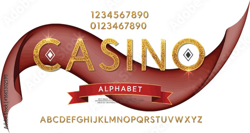 Elegant gold casino alphabet with shimmering ribbon and numbers for luxury gambling design