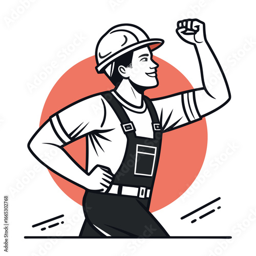 Construction worker celebrating victory with raised fist in uniform  