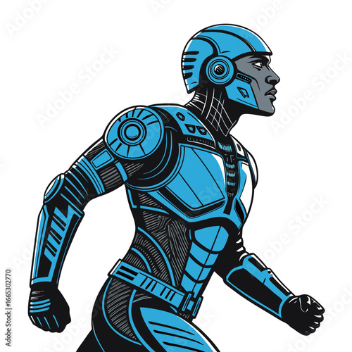 Robotic man fast running in blue futuristic design  