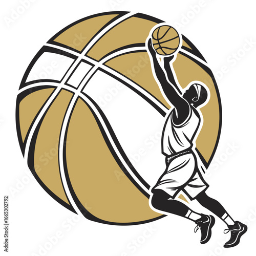 Basketball player jumping to score with a ball in minimalist style  