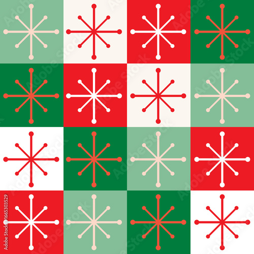 Checkerboard Christmas Pattern with Snowflakes in Red, Green, White