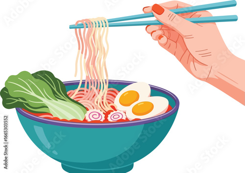 Hand holding chopsticks lifting delicious steaming ramen noodles from a colorful bowl