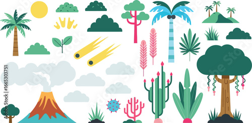 Whimsical collection of prehistoric flora, fauna, and celestial events