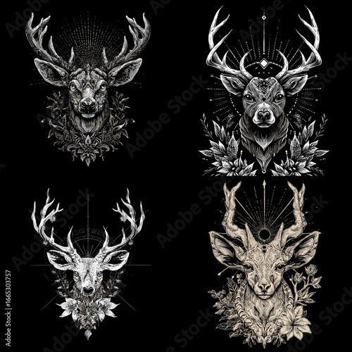 Intricate deer heads with antlers in sacred geometry style on black. Ornate monochrome engraving for tattoo art, apparel prints, logos, and mystical wildlife designs.