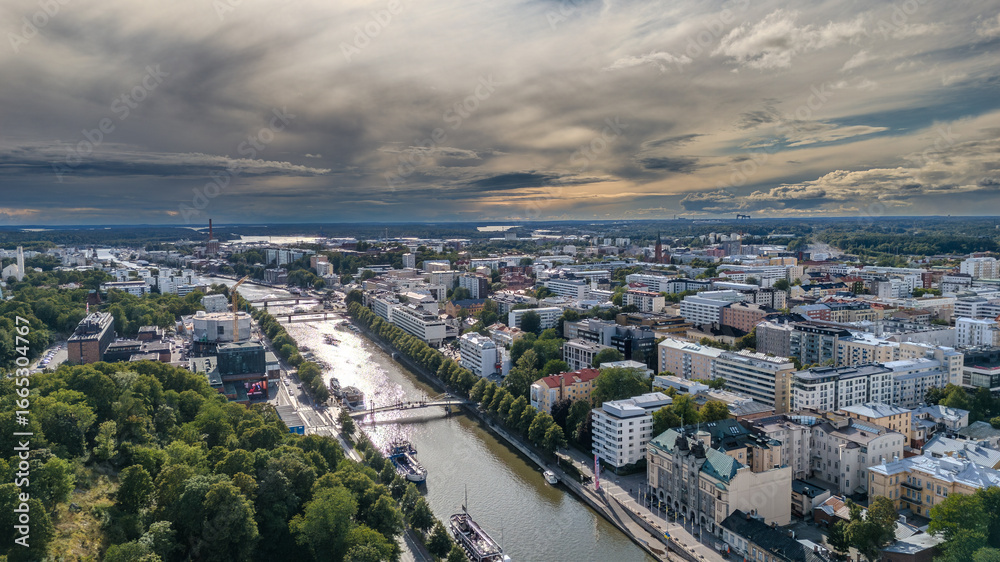 Fototapeta premium Drone Shot of Turku and Aurajoki River, Summer Cityscape in Finland