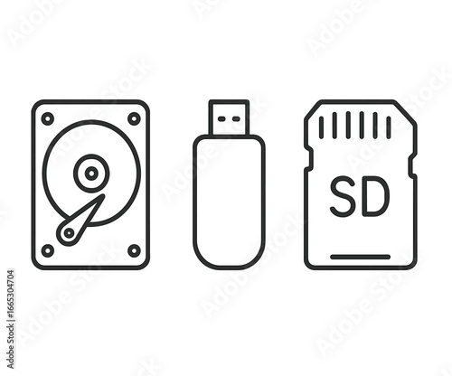 Storage devices of various types including a hard drive, USB flash drive, and SD card arranged in a row for comparison