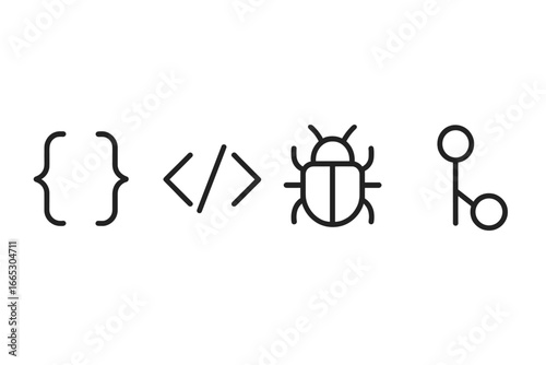 Symbols representing programming concepts and debugging process in computer science