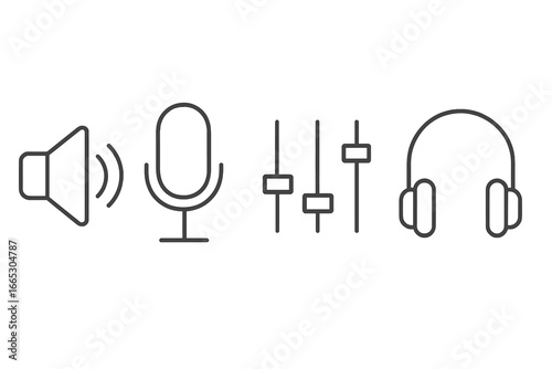 Sound elements including speaker, microphone, audio levels, and headphones in a minimalist style suitable for design projects